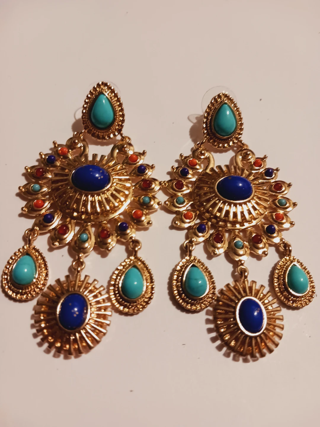 Gold Tone Chandelier Earrings with Turquoise and Blue Stones - photo 2