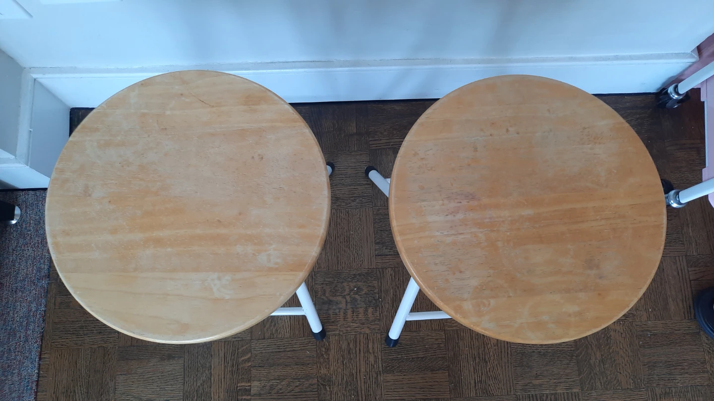 Two Wood and White Metal Stools - photo 2