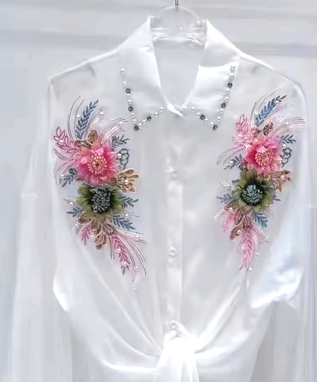 White Embellished Button-Up Shirt with Floral Detail