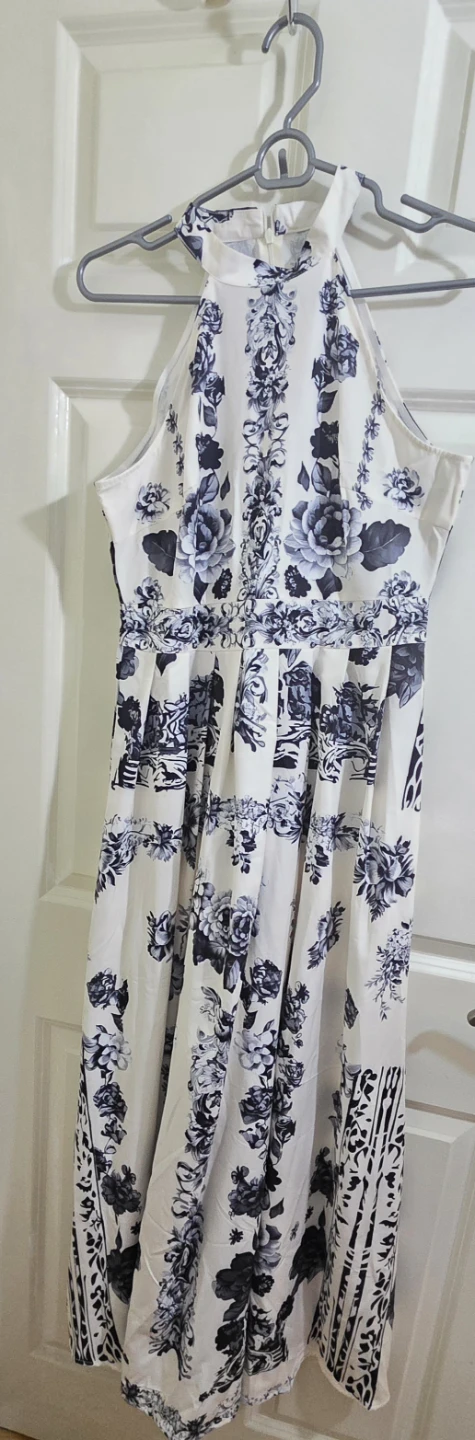 White and Blue Floral Maxi Dress