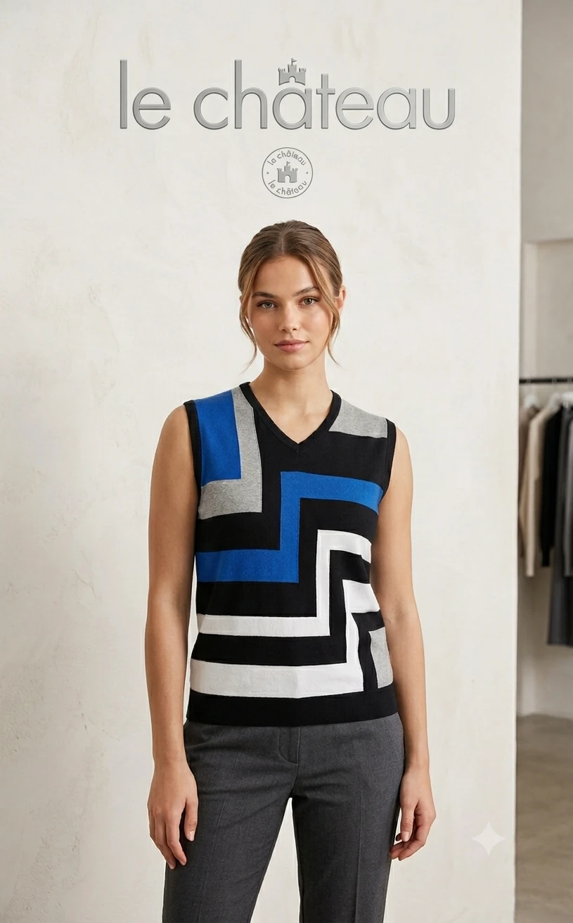 Le Château Sleeveless V-Neck Geometric Print Sweater Vest
