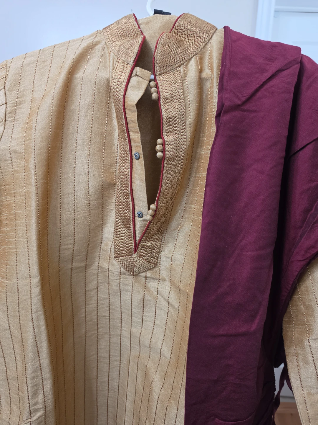 Gold Striped Kurta with Maroon Shawl