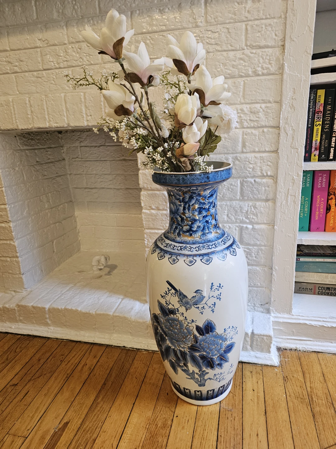 Large Blue and White Porcelain Vase with Birds and Flowers