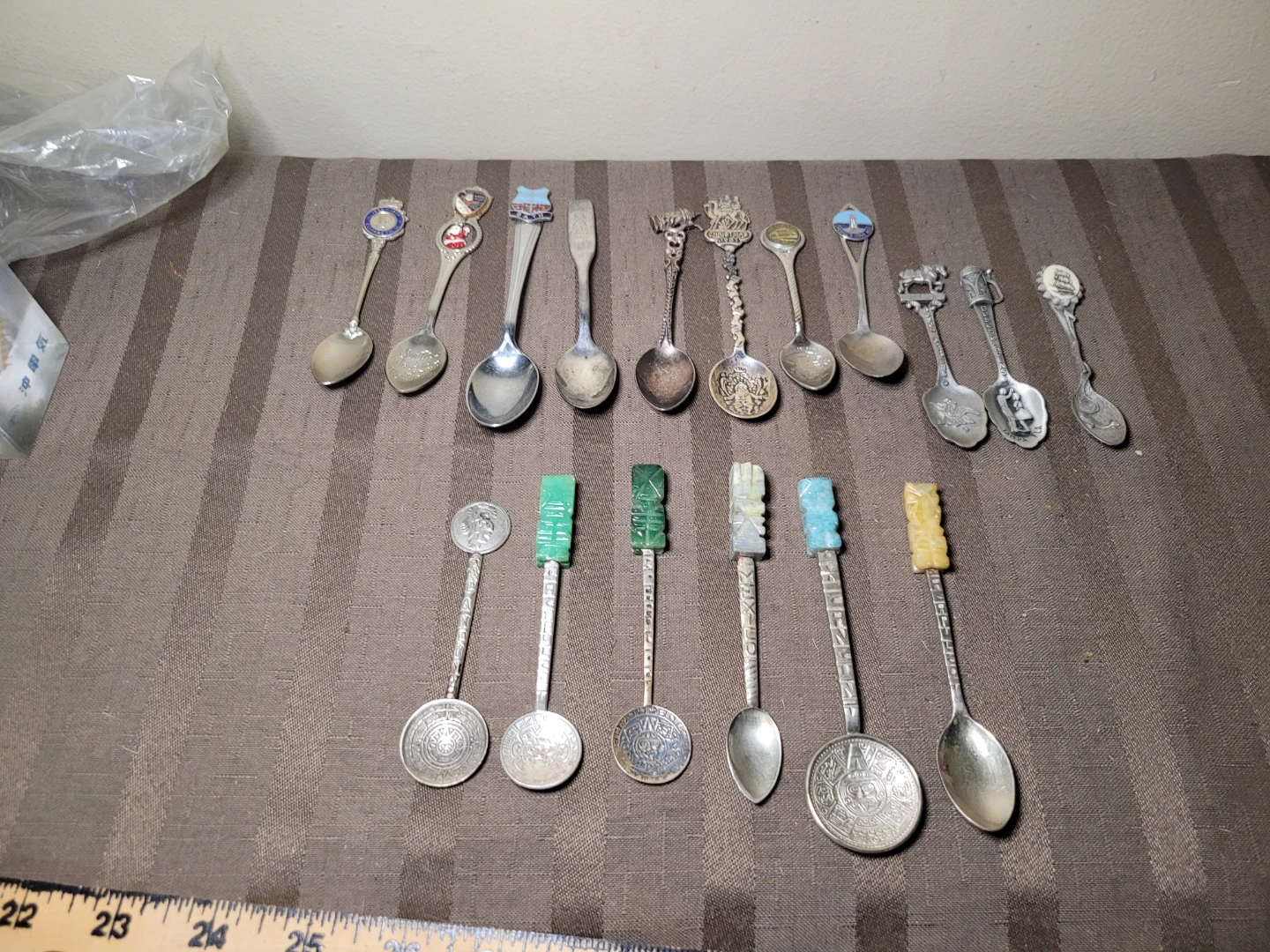L20 Mexican Carved Green Stone Sterling Silver Spoons Alpaca