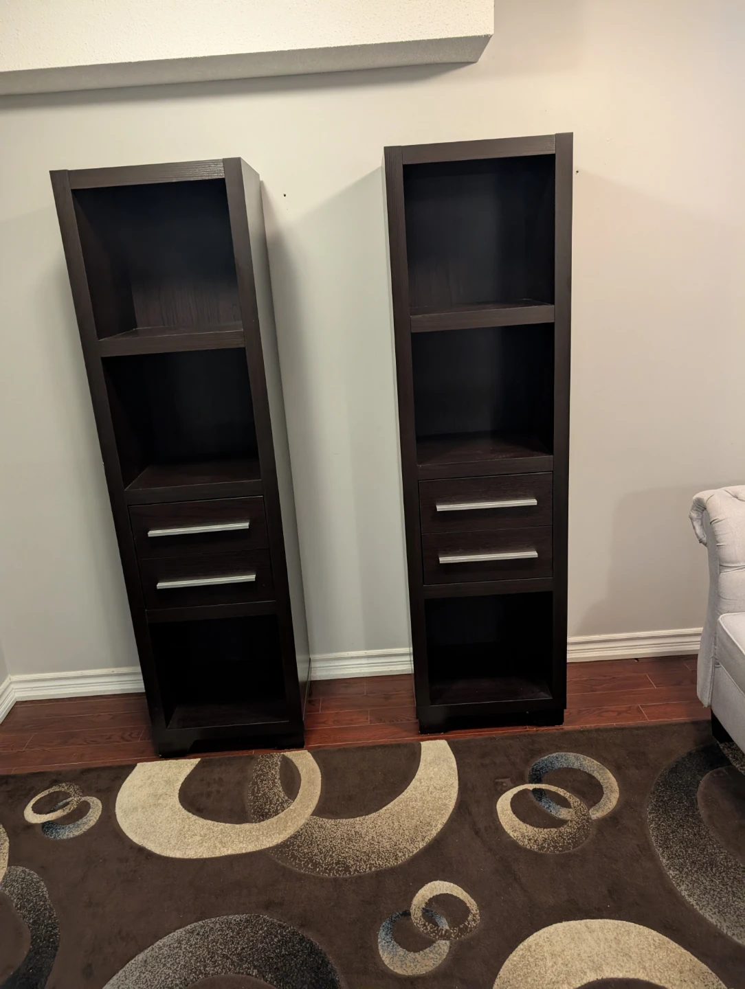 Set of 2 Tall Dark Brown Bookshelves with Drawers - photo 3