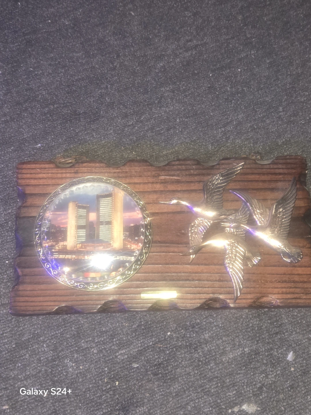Decorative Wooden Plaque with Flying Geese and Cityscape Insert