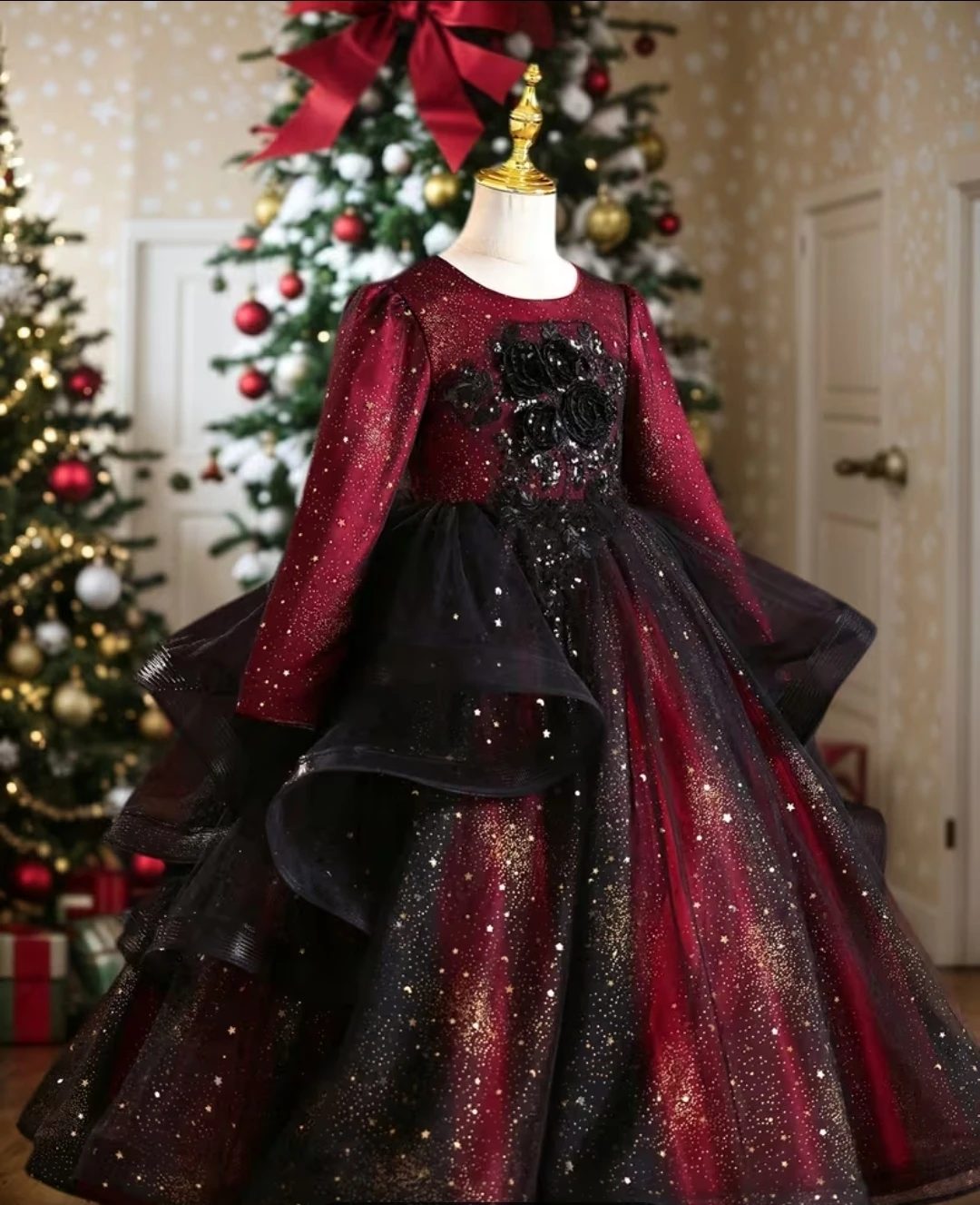 Kids Red & Black Sparkle Star Dress - photo 3