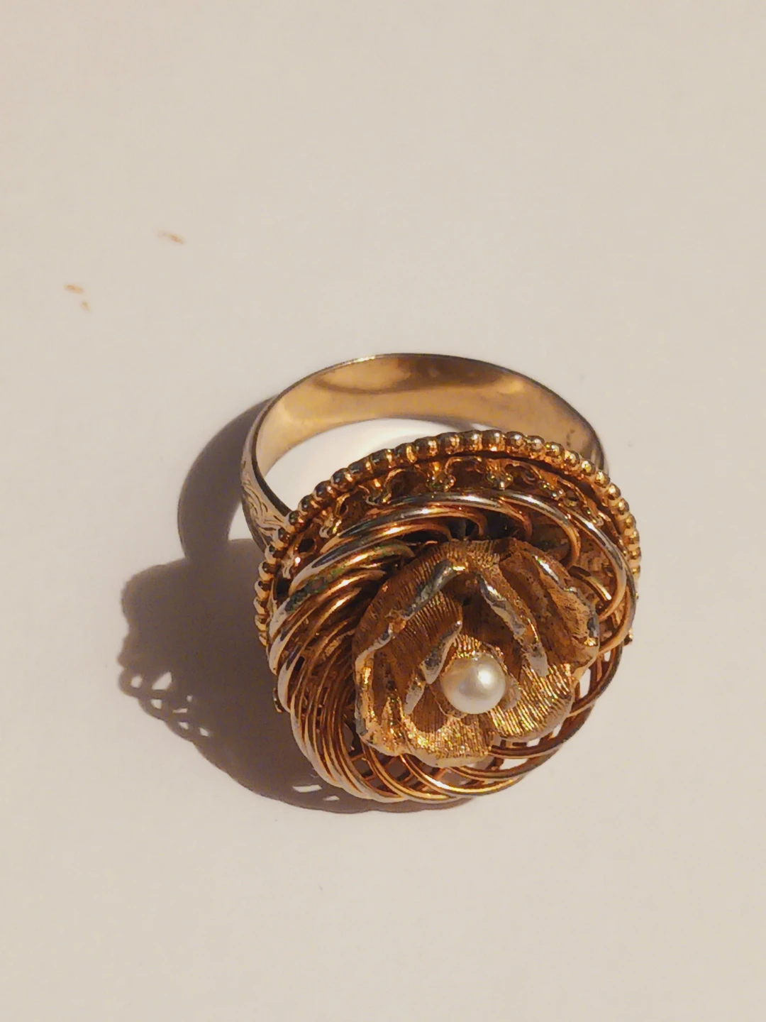 Vintage Gold Tone Rose Ring with Pearl Accent - photo 2