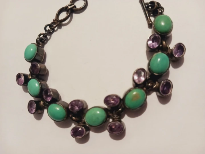 AF 925 STERLING SILVER GENUINE TURQUOISE & AMETHYST BRACELET - photo 2