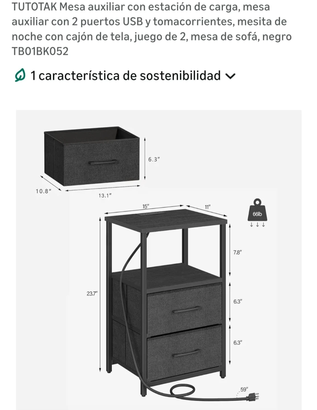 TUTOTAK Side Table with 2 USB Ports and Outlets TB01BK052 - photo 4