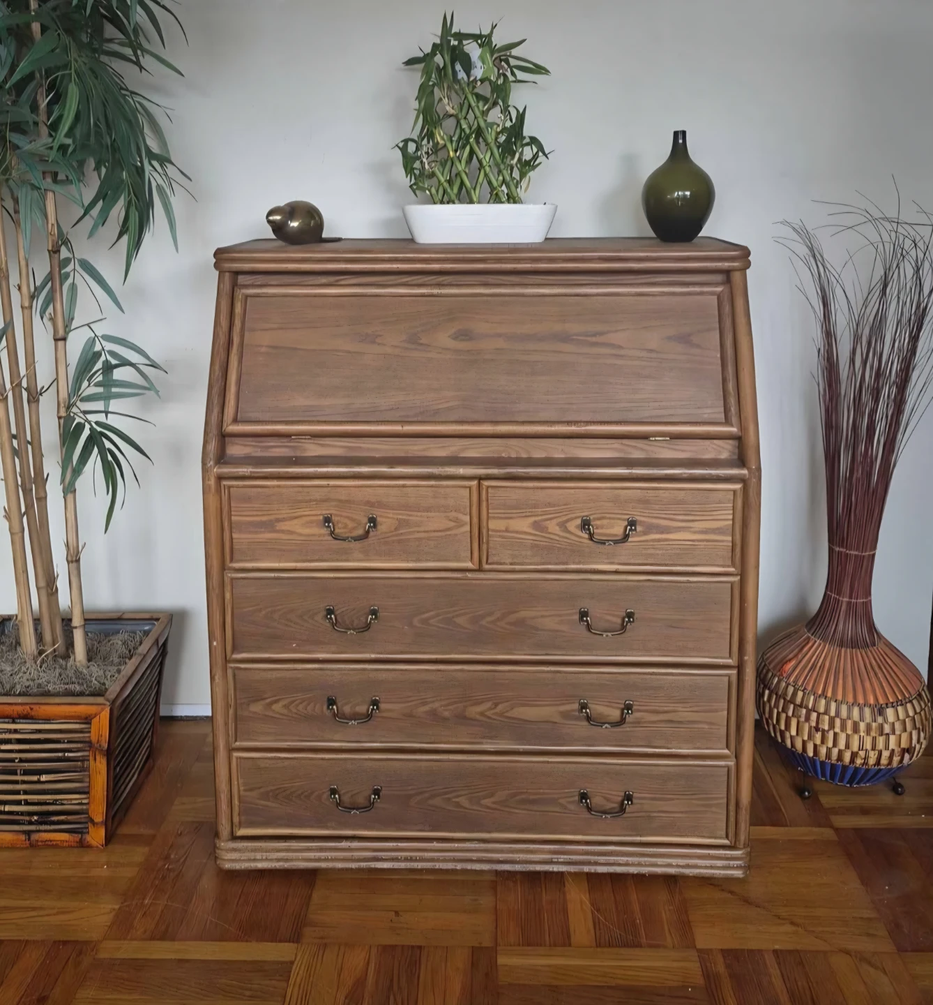 Vintage Oak & Rattan 5 Drawer Secretary Desk - photo 2