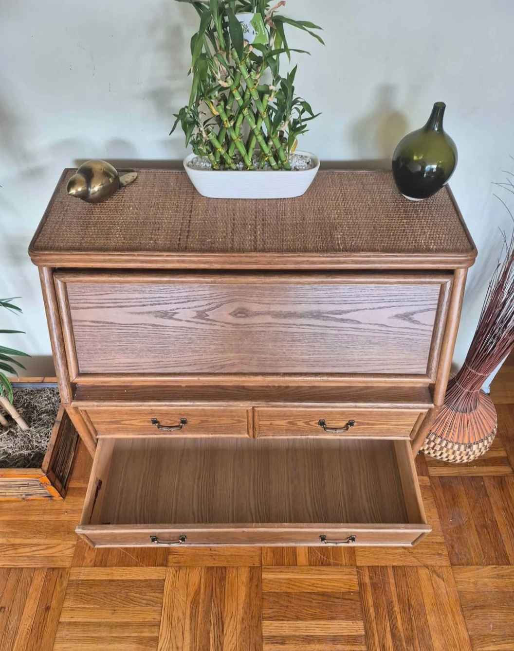 Vintage Oak & Rattan 5 Drawer Secretary Desk - photo 4