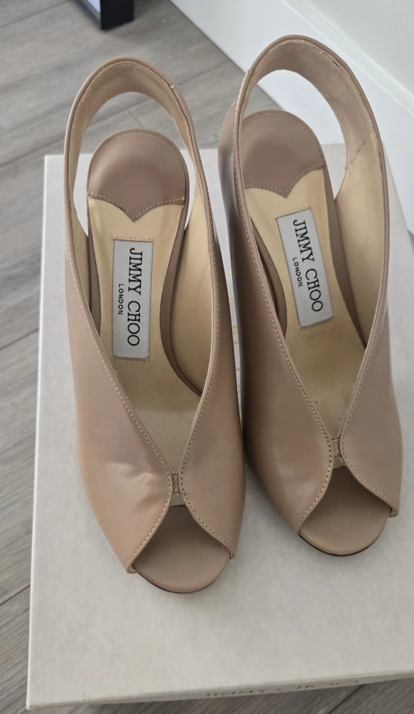 Jimmy Choo Nude Leather Peep-Toe Slingback Heels