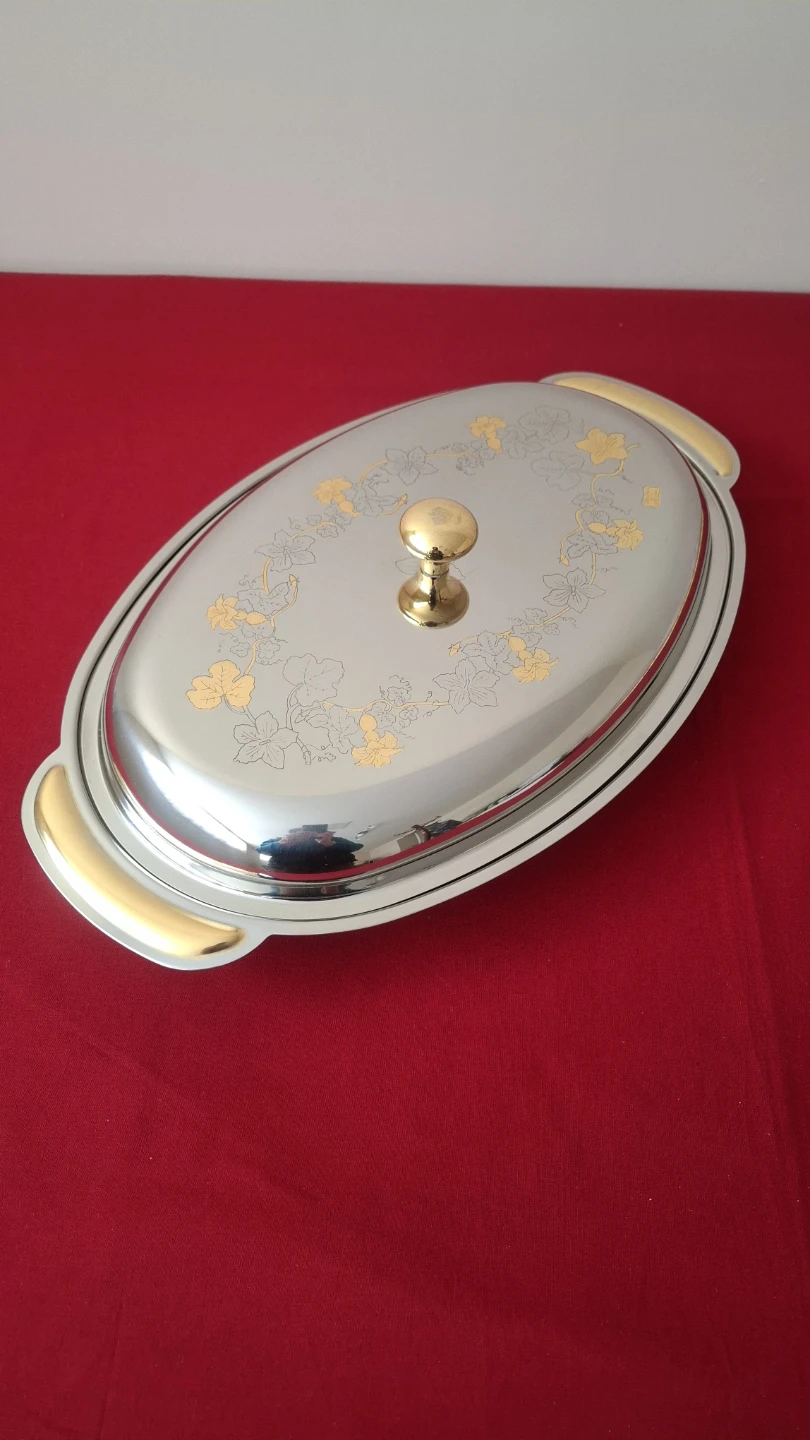 Stainless Steel Serving Dish with Gold Handles