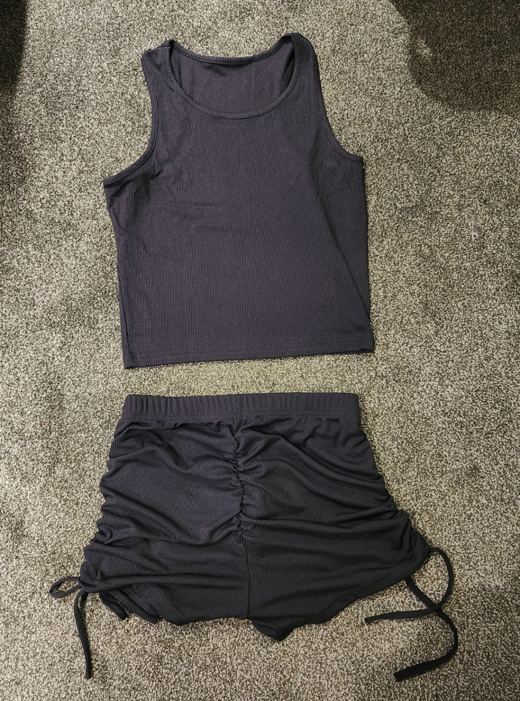 Ribbed Tank Top and Ruched Shorts Set - Black