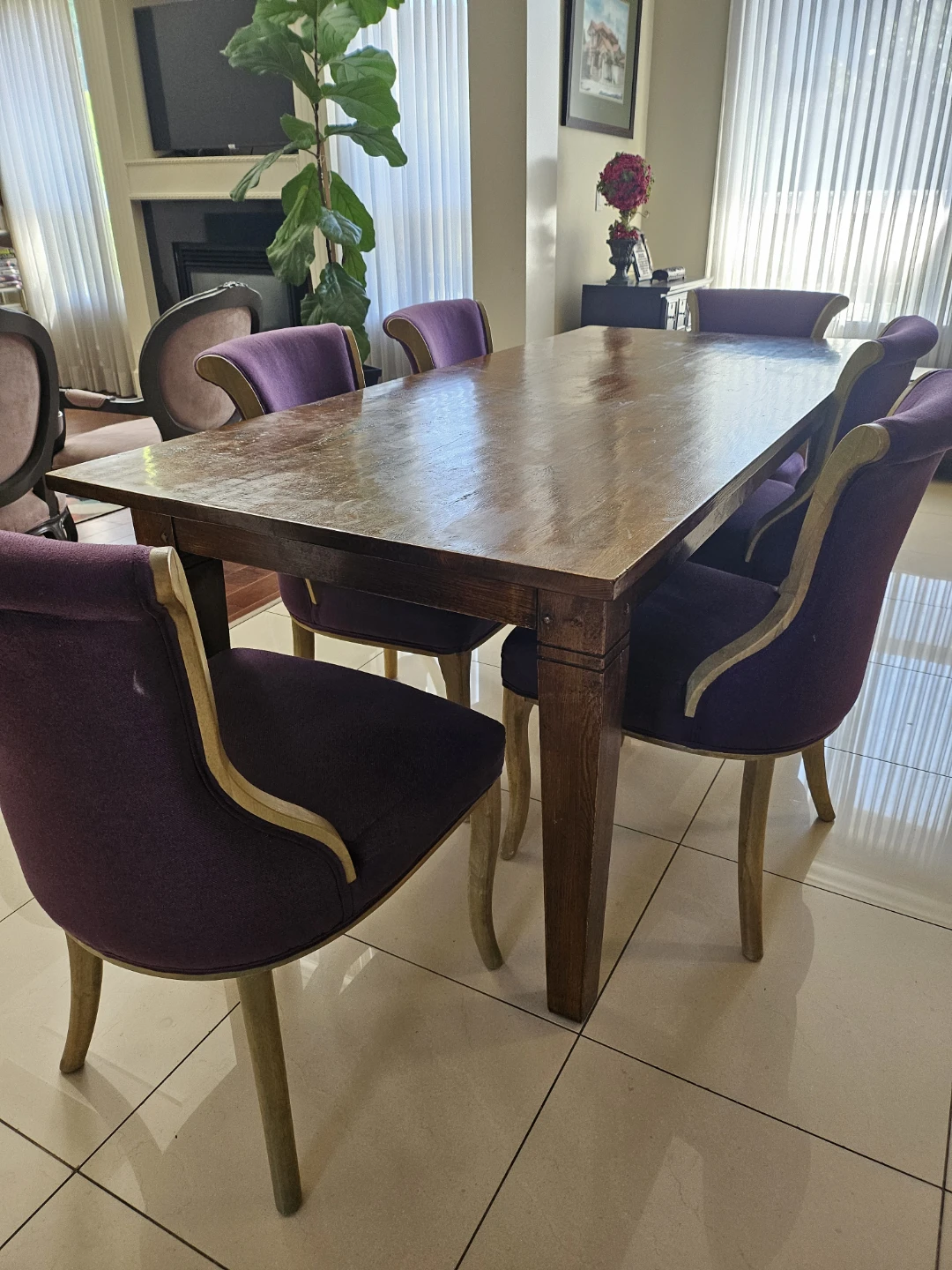 Wooden Dining Table with 6 Purple Chairs