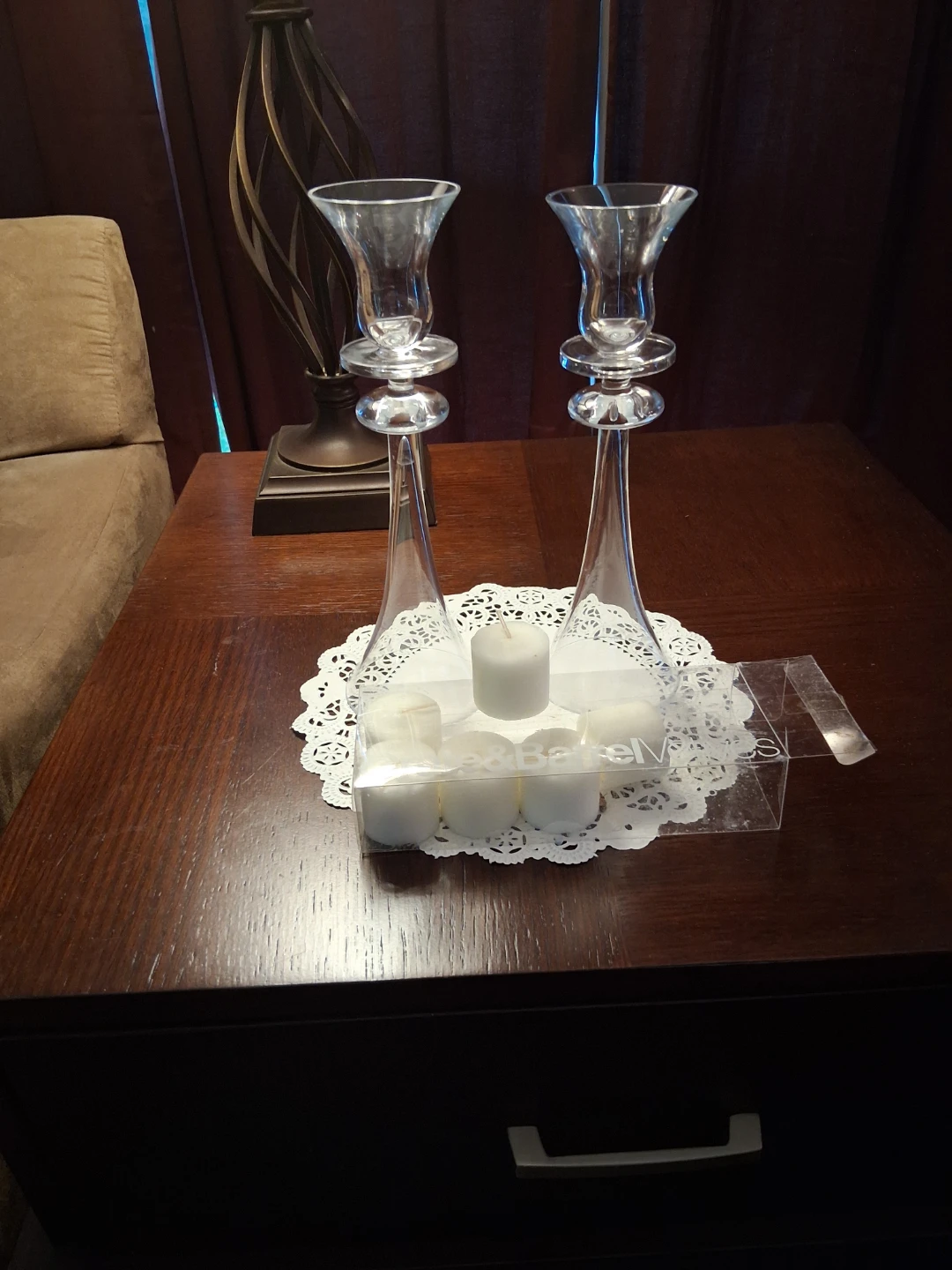 Crate & Barrel Glass Candlesticks with Votive Candles