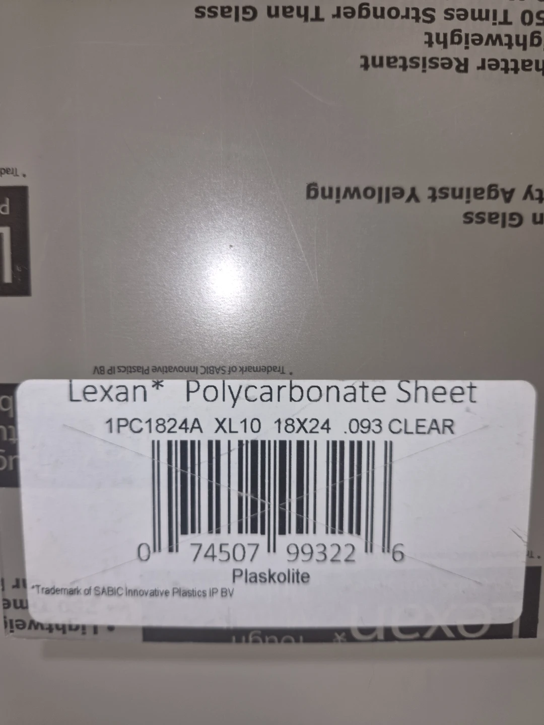 Lexan Polycarbonate Sheet XL10 18x24 .093 Clear - photo 2