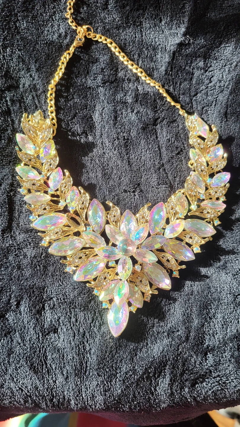 Gold Tone Statement Necklace with Iridescent Crystals