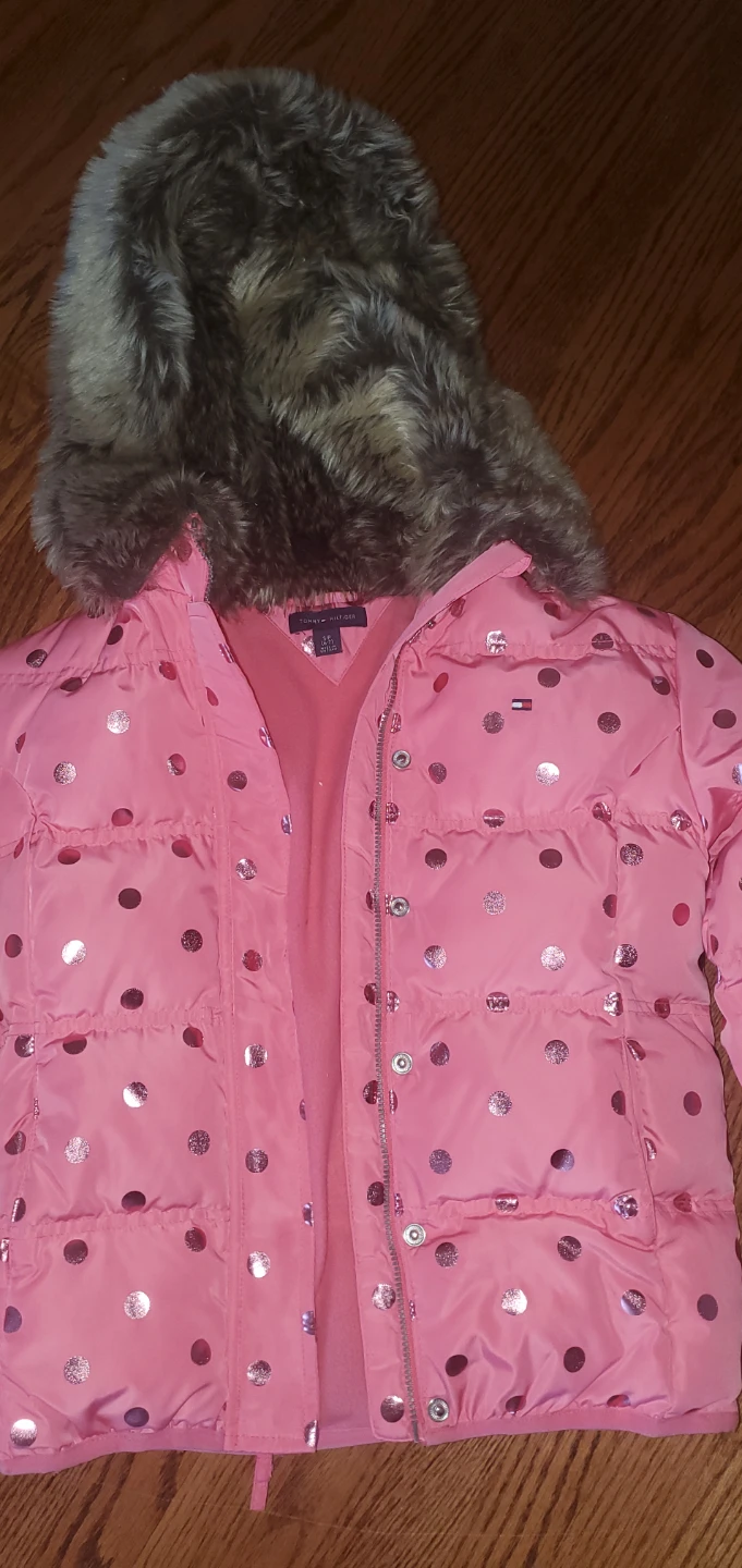 Tommy Hilfiger Pink Polka Dot Puffer Jacket with Faux Fur Hood - photo 4