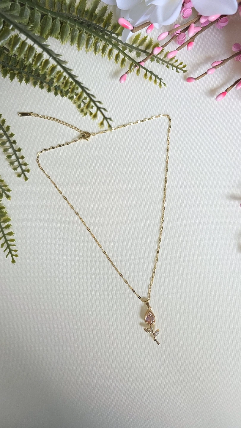 Gold-tone Rose Pendant Necklace with Pink Gem - photo 2