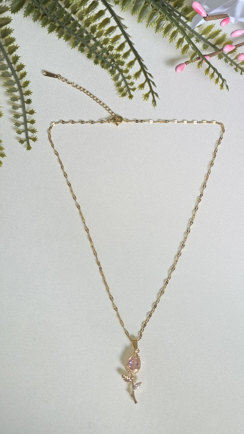 Gold-tone Rose Pendant Necklace with Pink Gem - photo 3