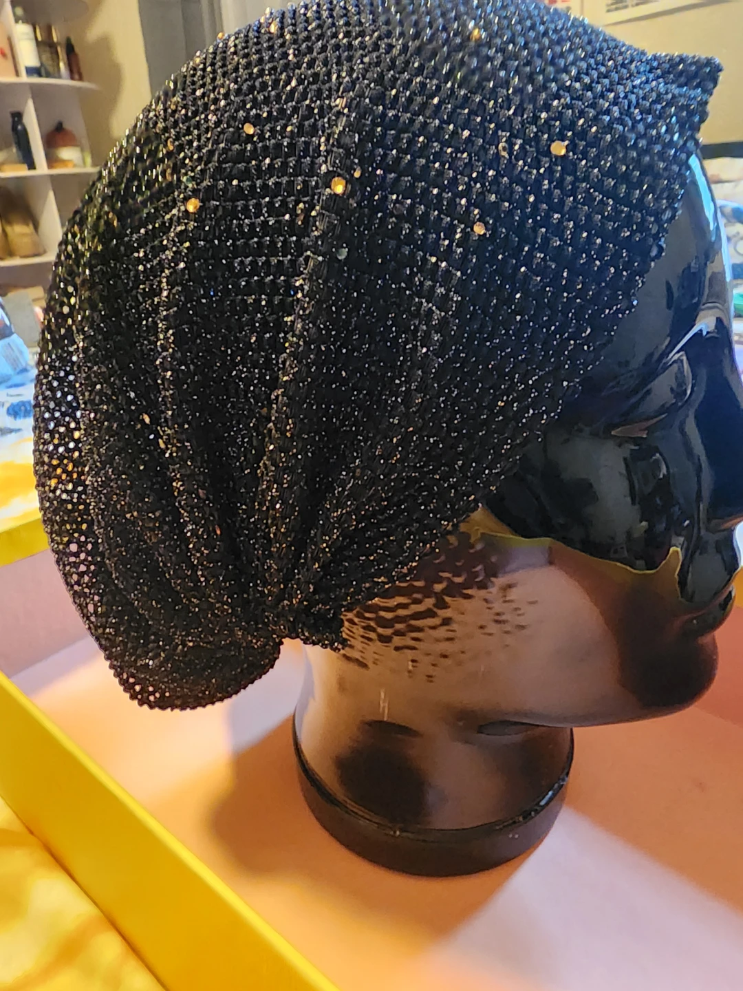 Black Mesh Beanie with Rhinestones