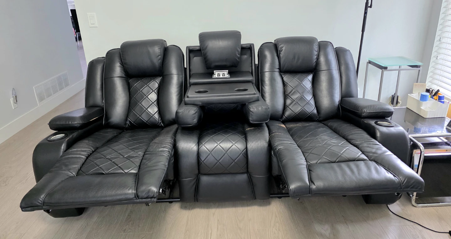 Black Leather Reclining Loveseat with Console - photo 2