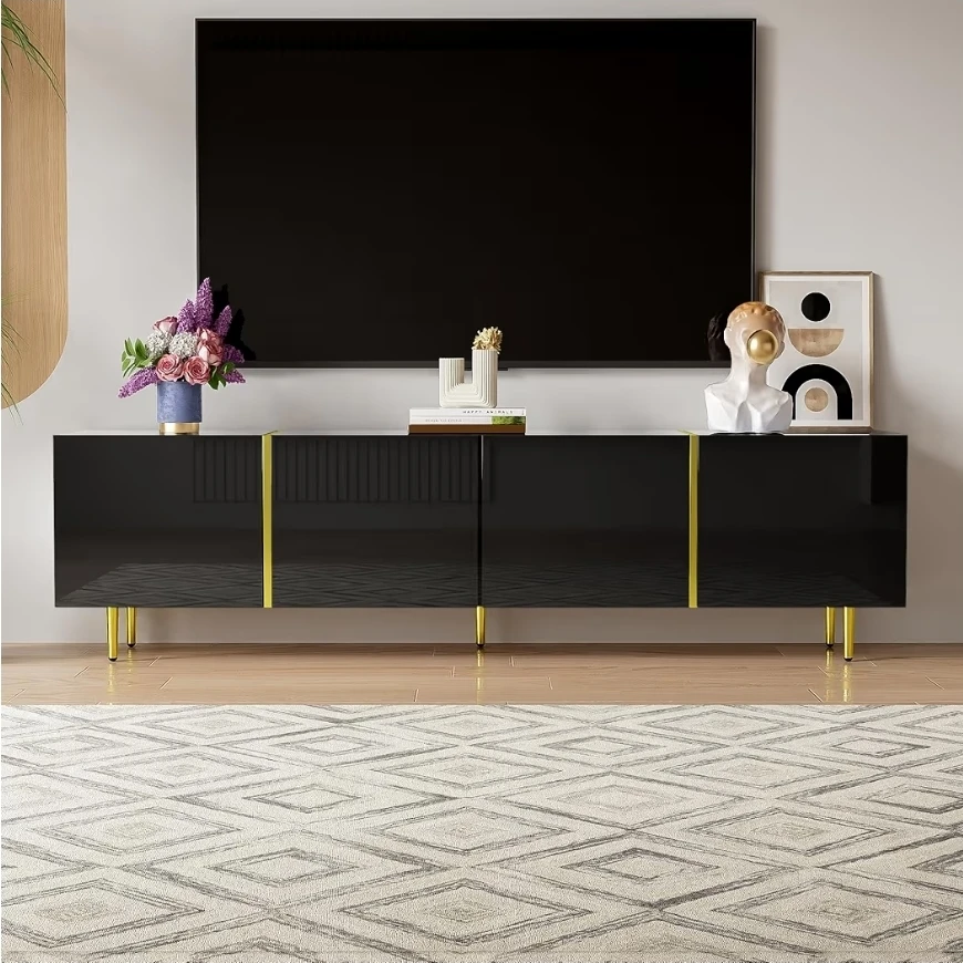 TV Stand High Gloss Black with Gold Accents