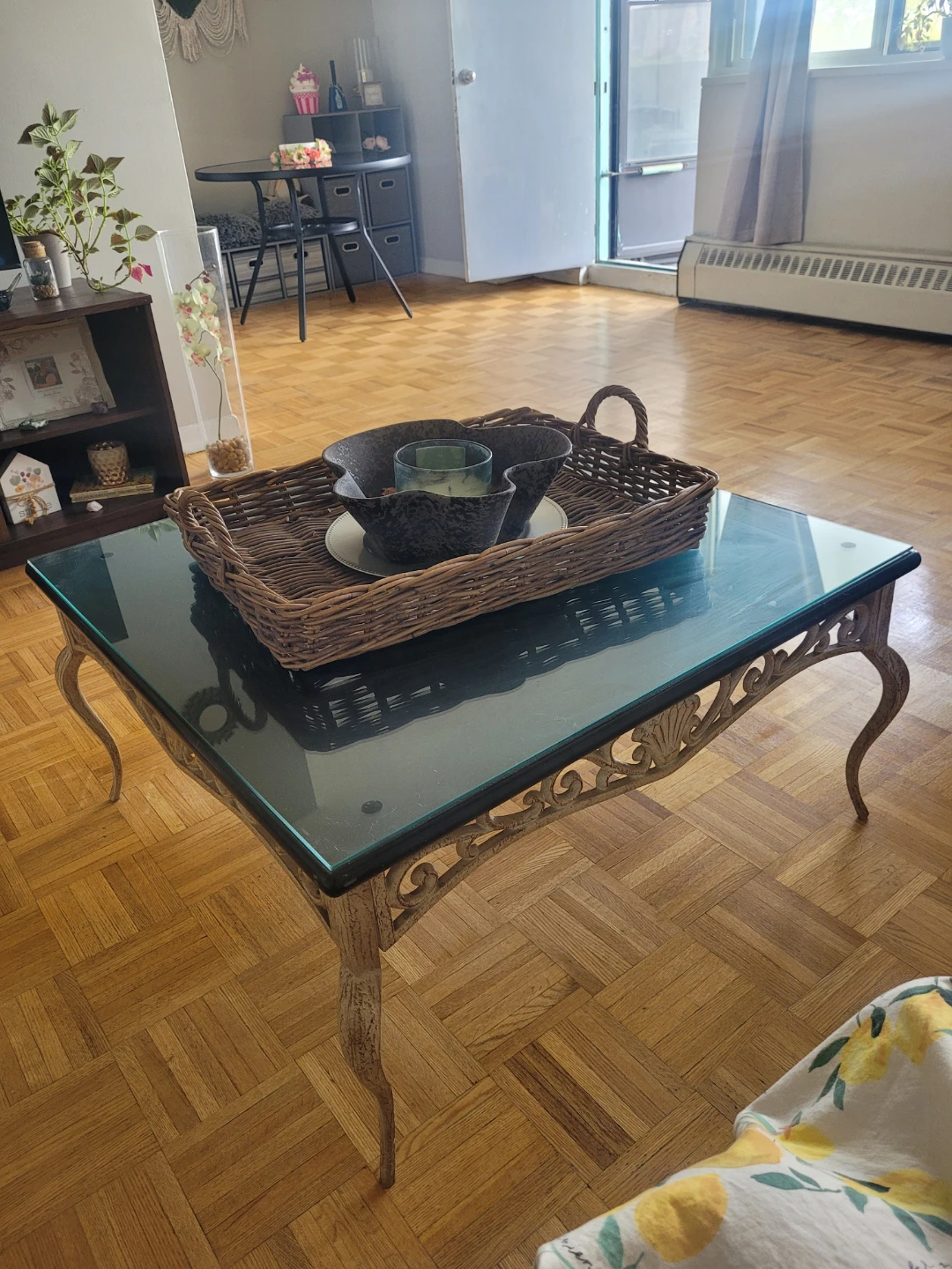 Glass Top Coffee and side Tables with Ornate Base