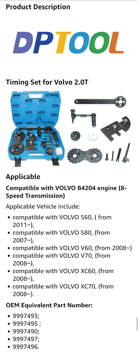 DPTOOL Camshaft Alignment & Timing Tool Kit for Volvo 2.0T - photo 5