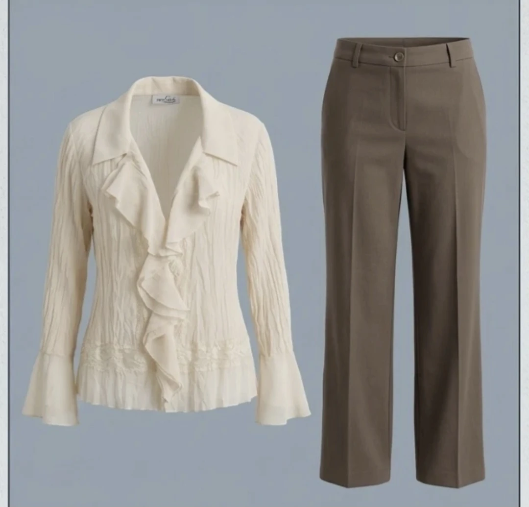 Cream Ruffled Blouse and brown stretchy pants size 16x each 15$