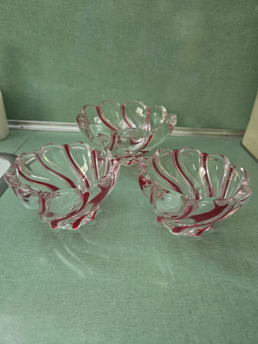 SET of Three (3) RED PEPPERMINT SWIRL Glass Dishes