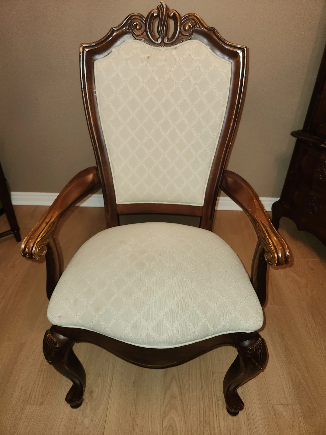 Ornate Wooden Dining Chair with Upholstered Seat and Back