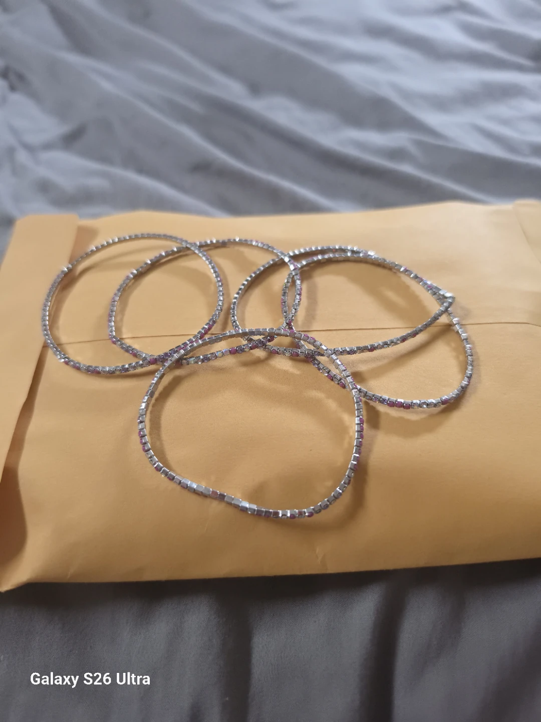 Set of 5 Beaded Bangles Silver Tone Pink Stones