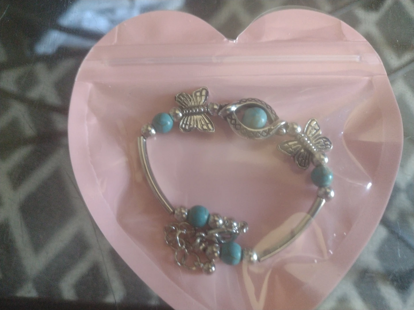 Silver Tone Butterfly Bracelet with Blue Beads