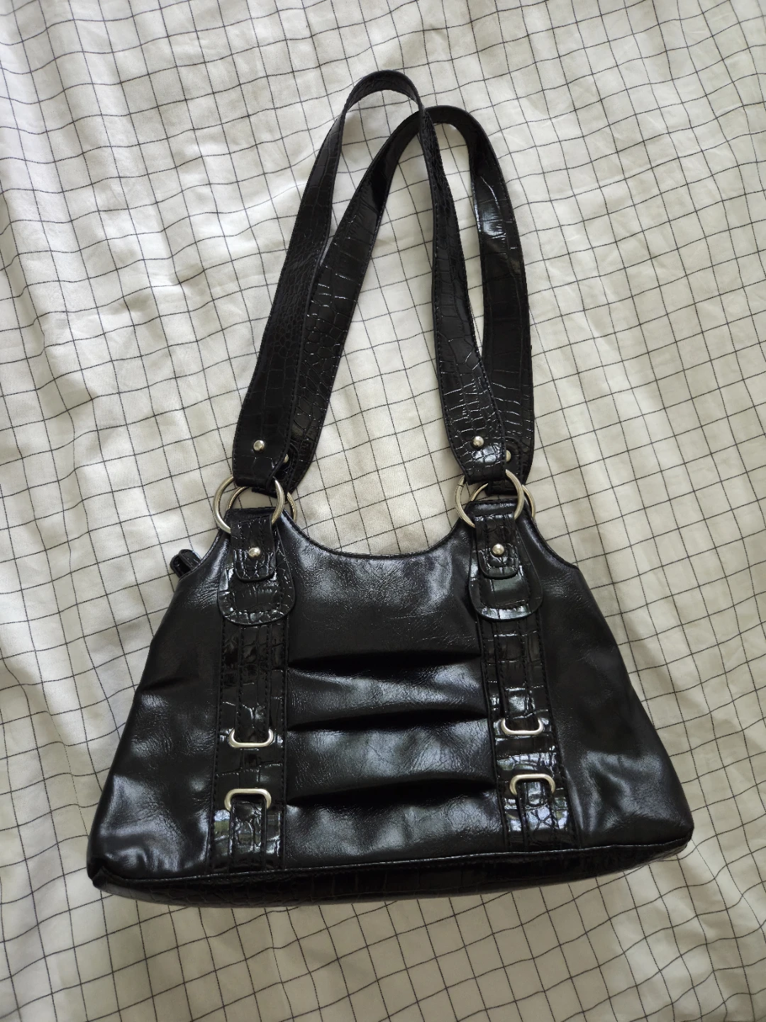 Black Faux Croc Shoulder Bag purse