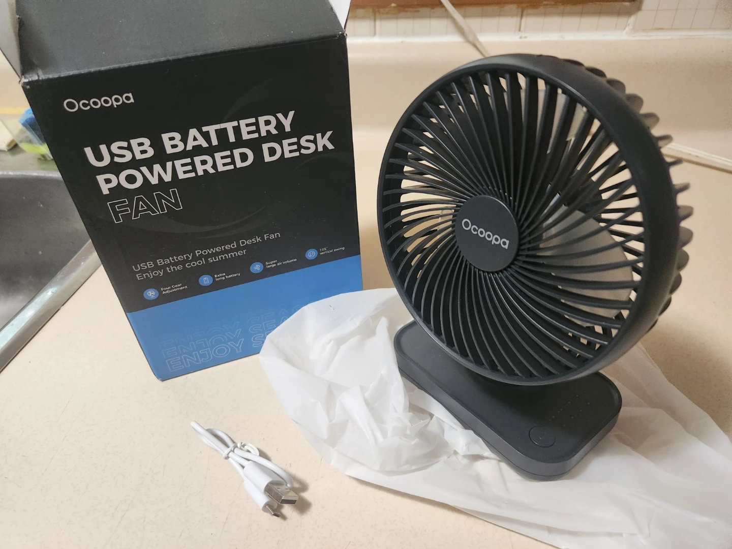 Rechargeble Ocoopa USB Battery Powered Desk Fan - Black