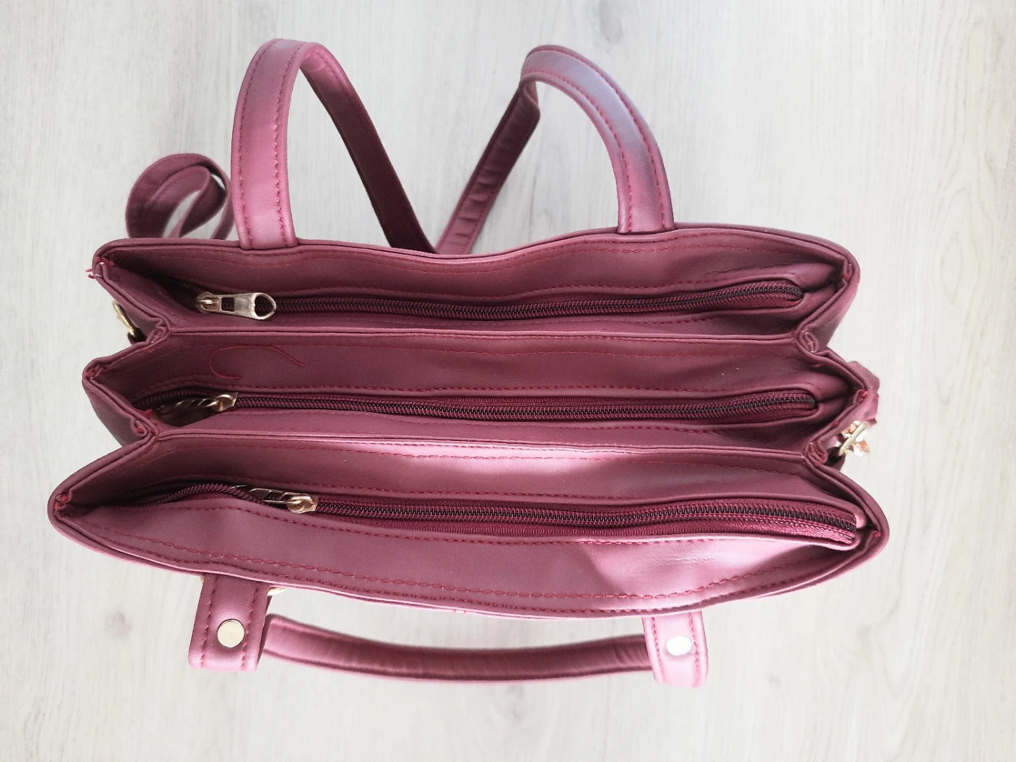 Maroon Faux Leather Tote Bag with Multiple Compartments - photo 3