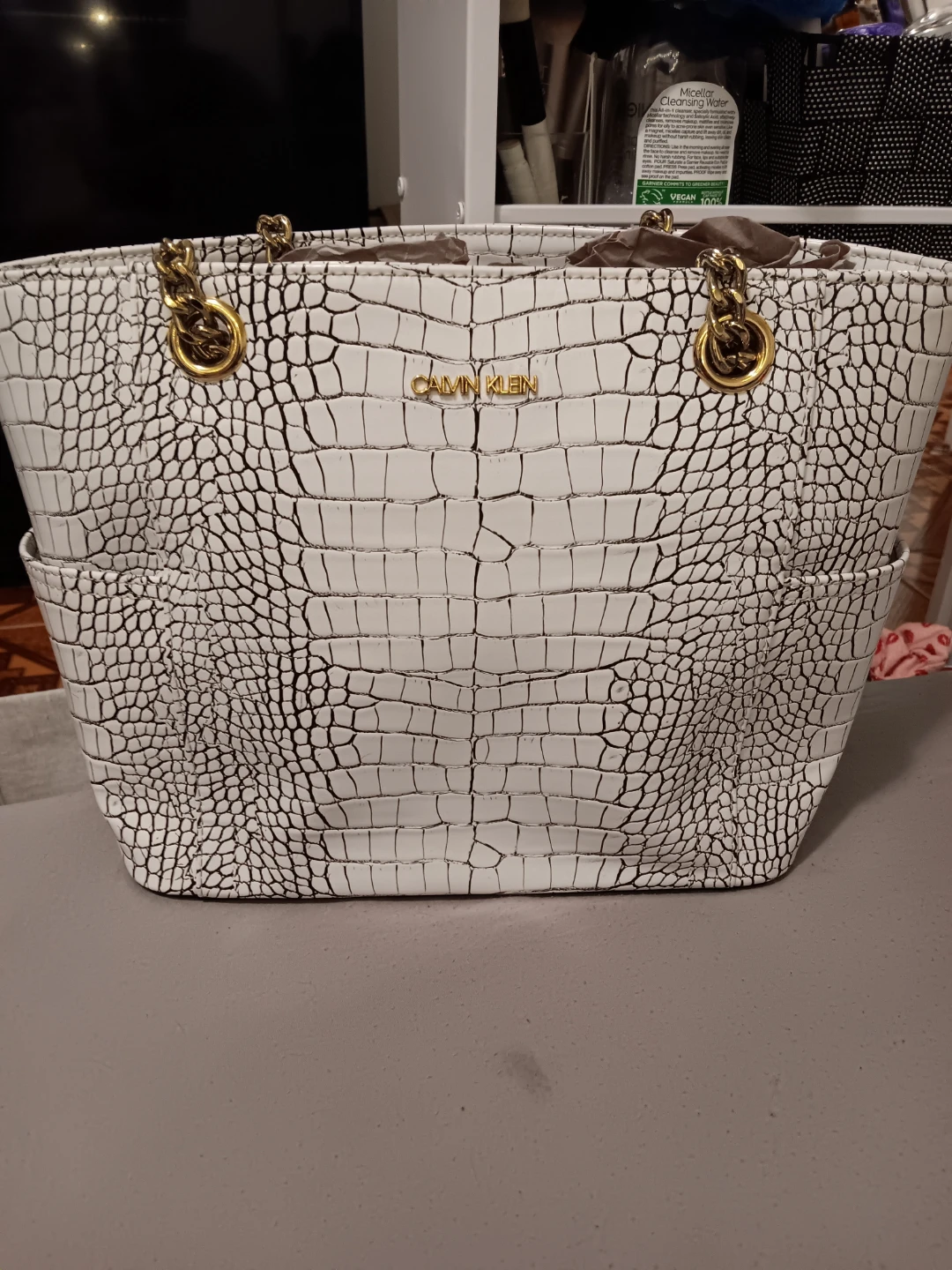 Calvin Klein White Crocodile Embossed Tote Bag