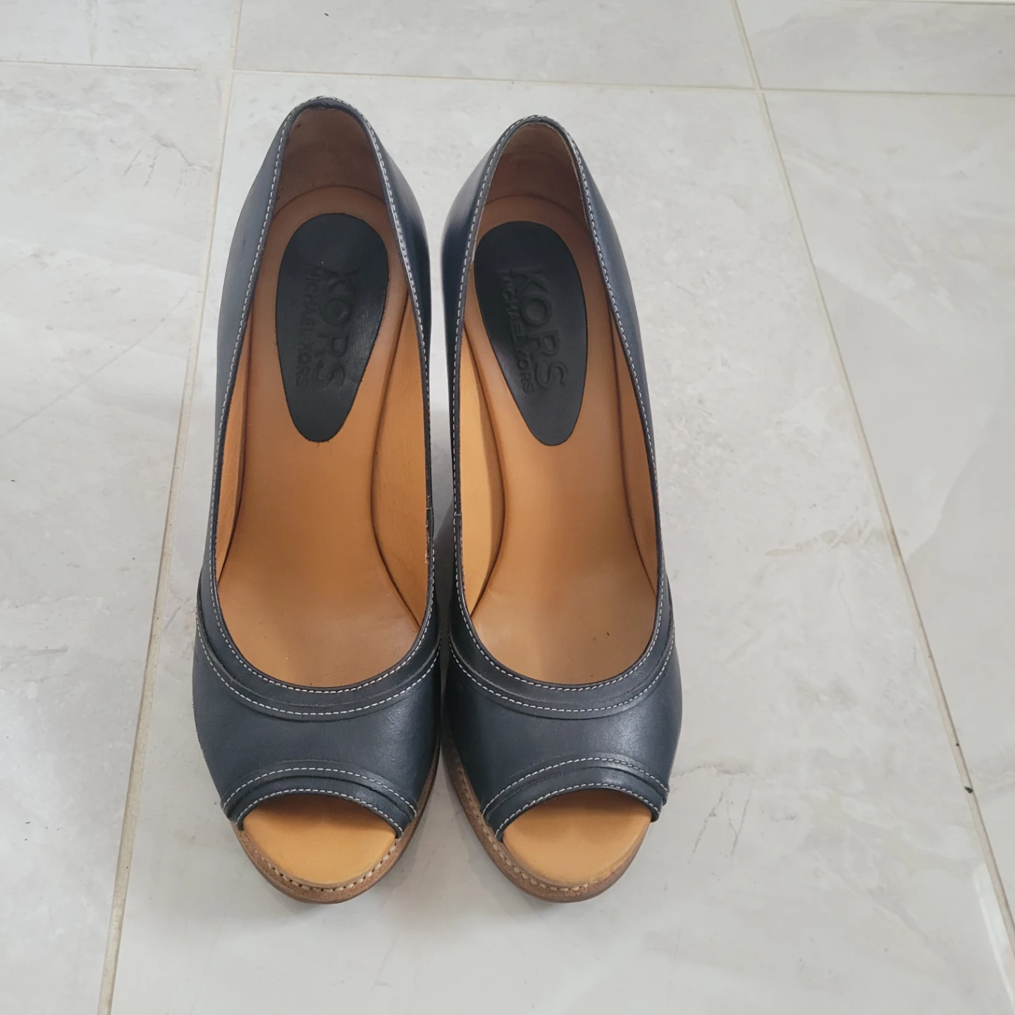 Michael Kors Black Leather Peep-Toe Wedge Heels