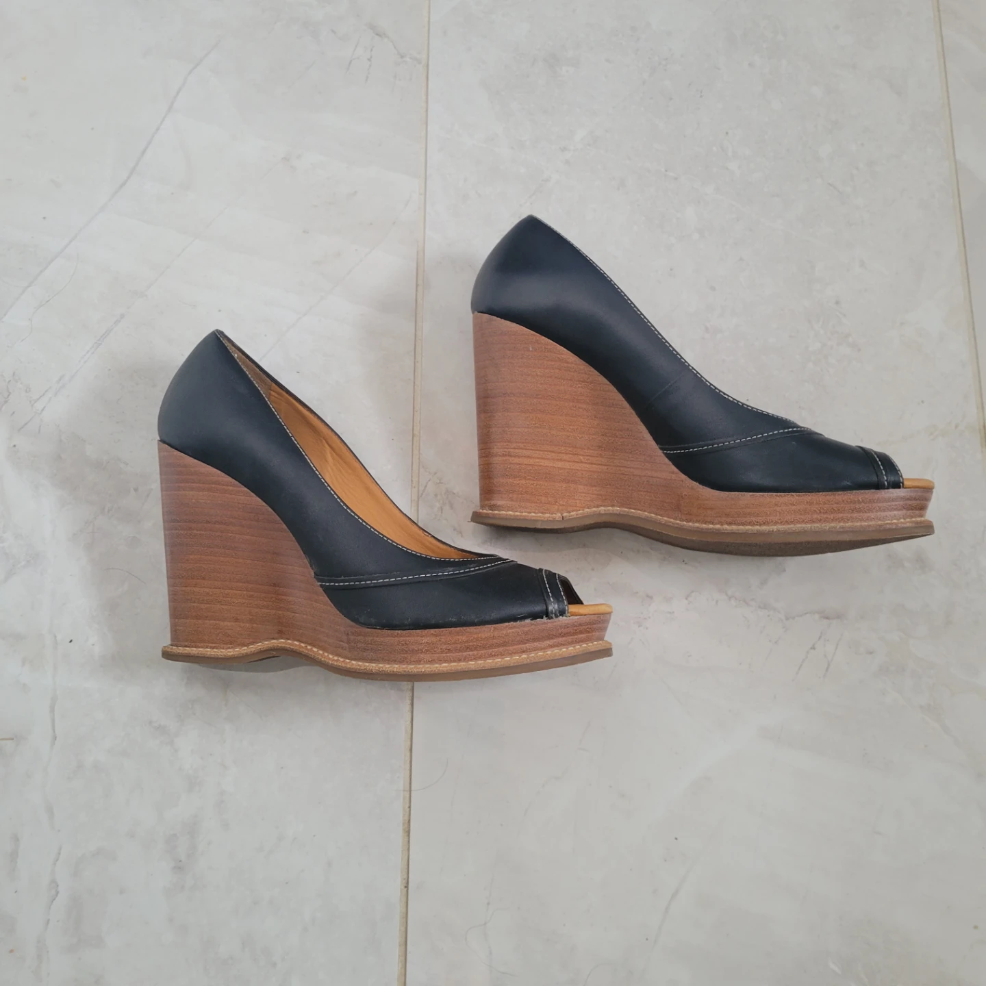 Michael Kors Black Leather Peep-Toe Wedge Heels - photo 2