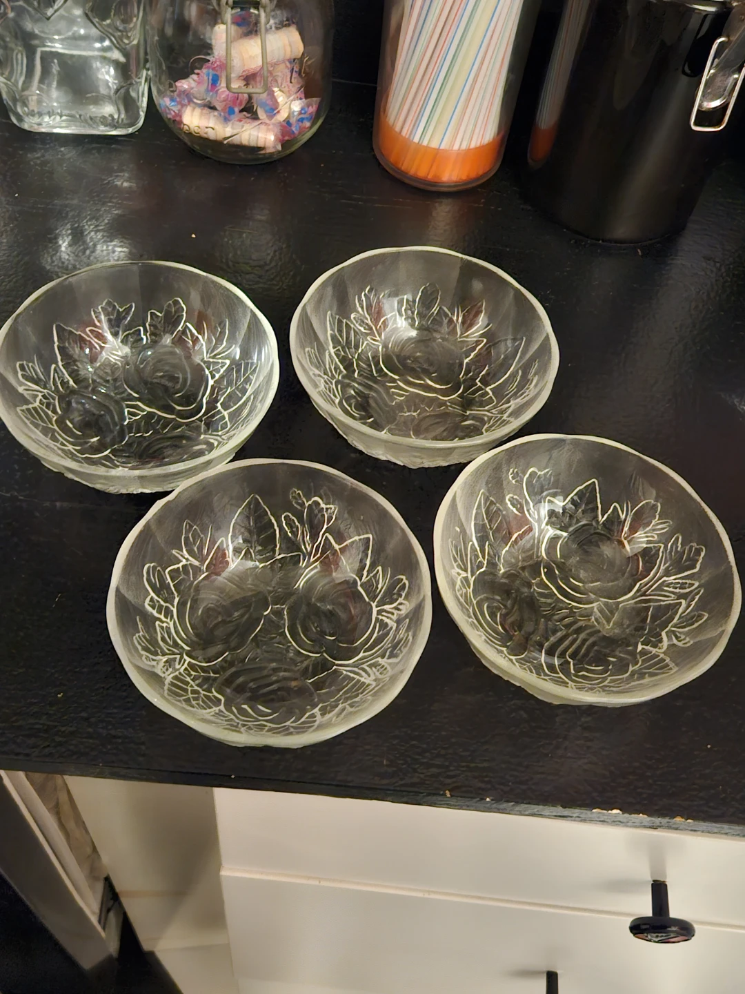 Set of 4 Glass Bowls Vintage Rose Pattern 5 inch Dessert Bowls