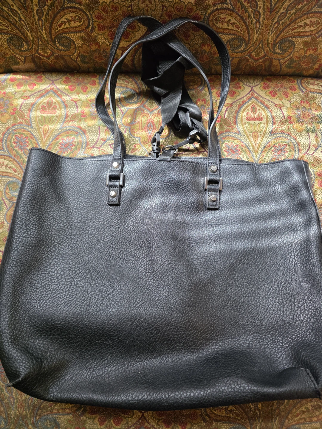 Black Faux Leather Tote Bag with Shoulder Strap