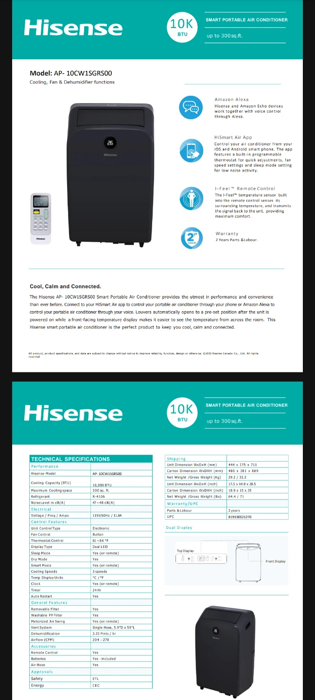 Hisense 10,000 BTU Portable Smart Air Conditioner