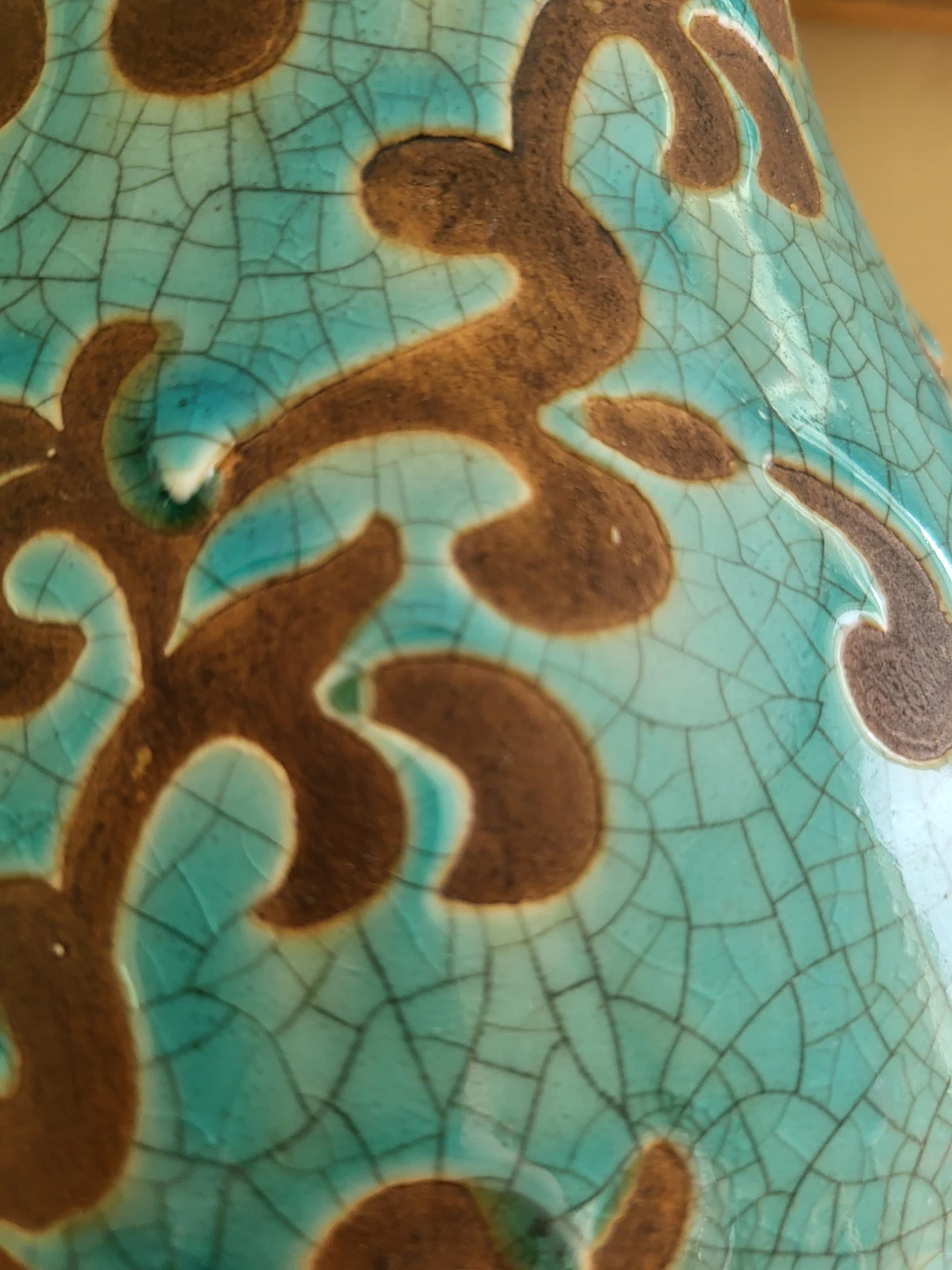 Vintage Turquoise Crackle Glaze Vase with Brown Swirls - photo 2