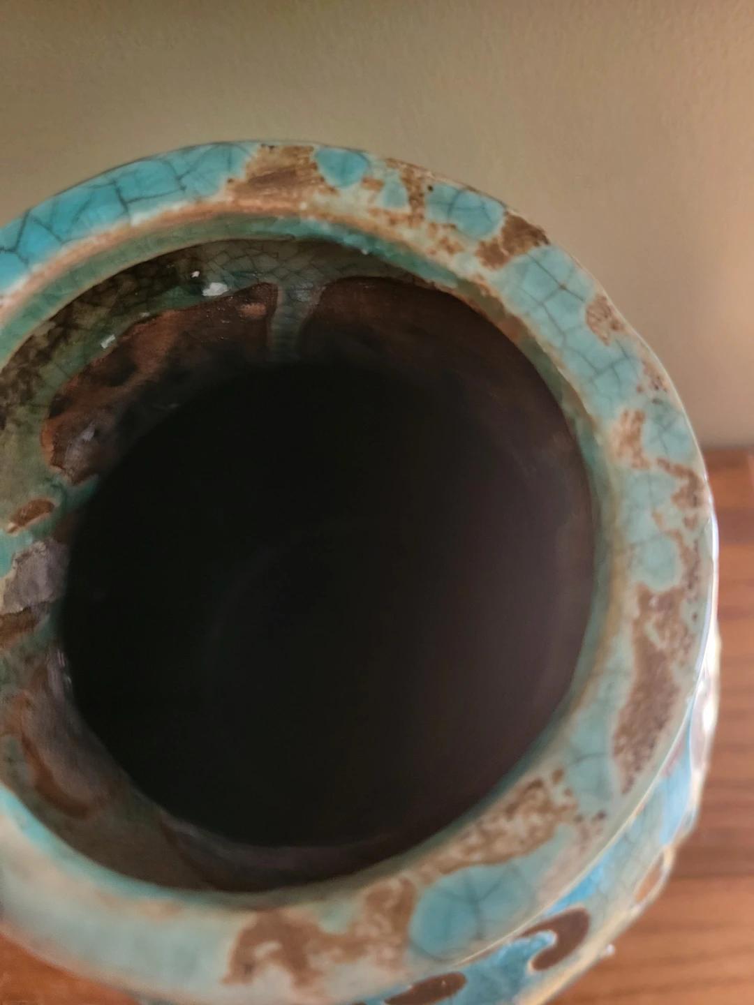 Vintage Turquoise Crackle Glaze Vase with Brown Swirls - photo 3