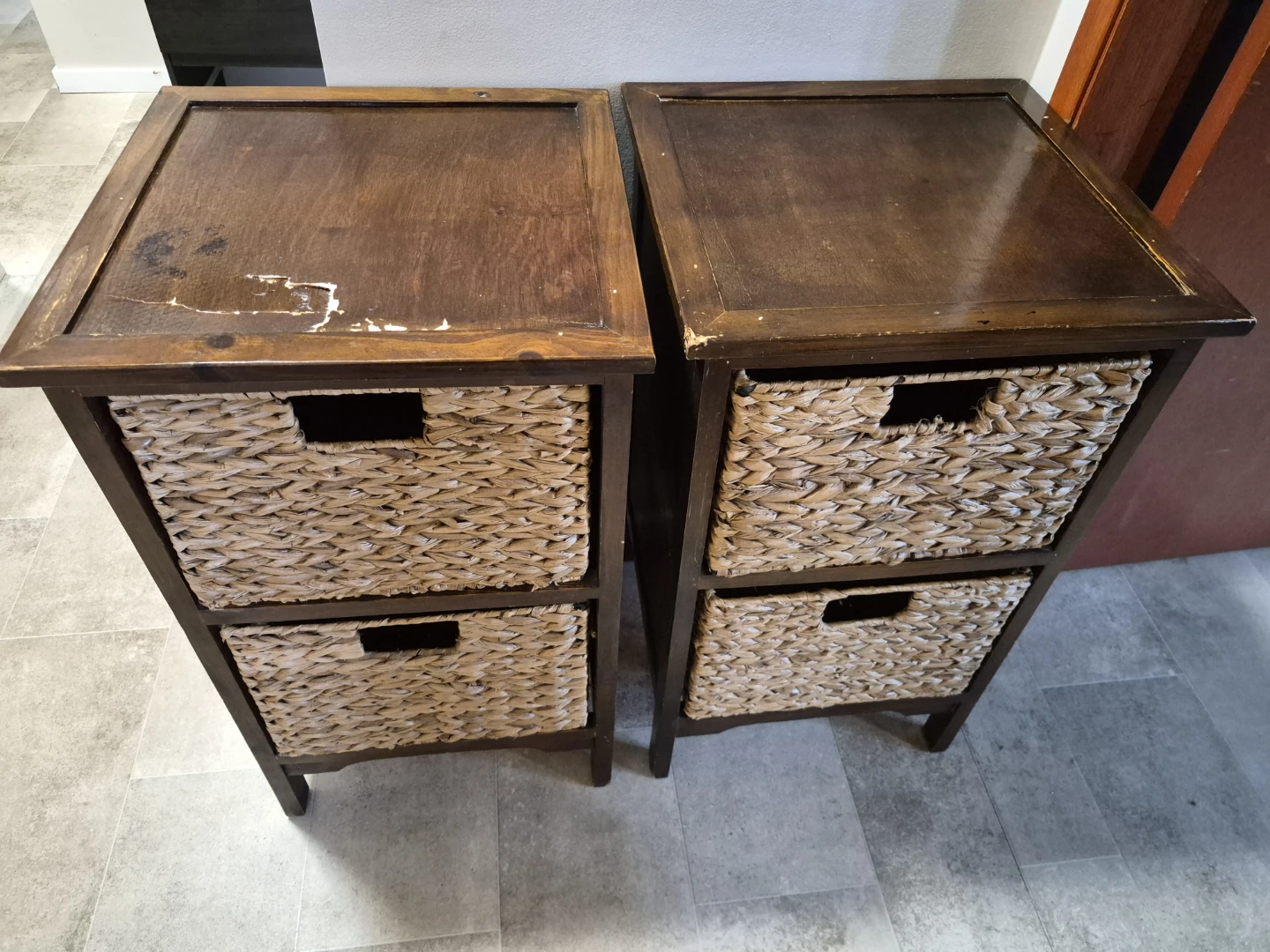 Set of 2 Wooden Nightstands with Woven Baskets