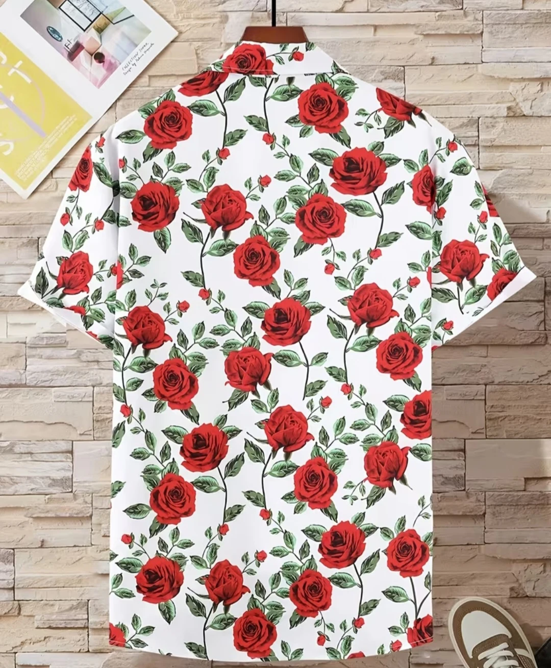 Men's Short Sleeve Rose Print Button-Up Shirt - photo 3