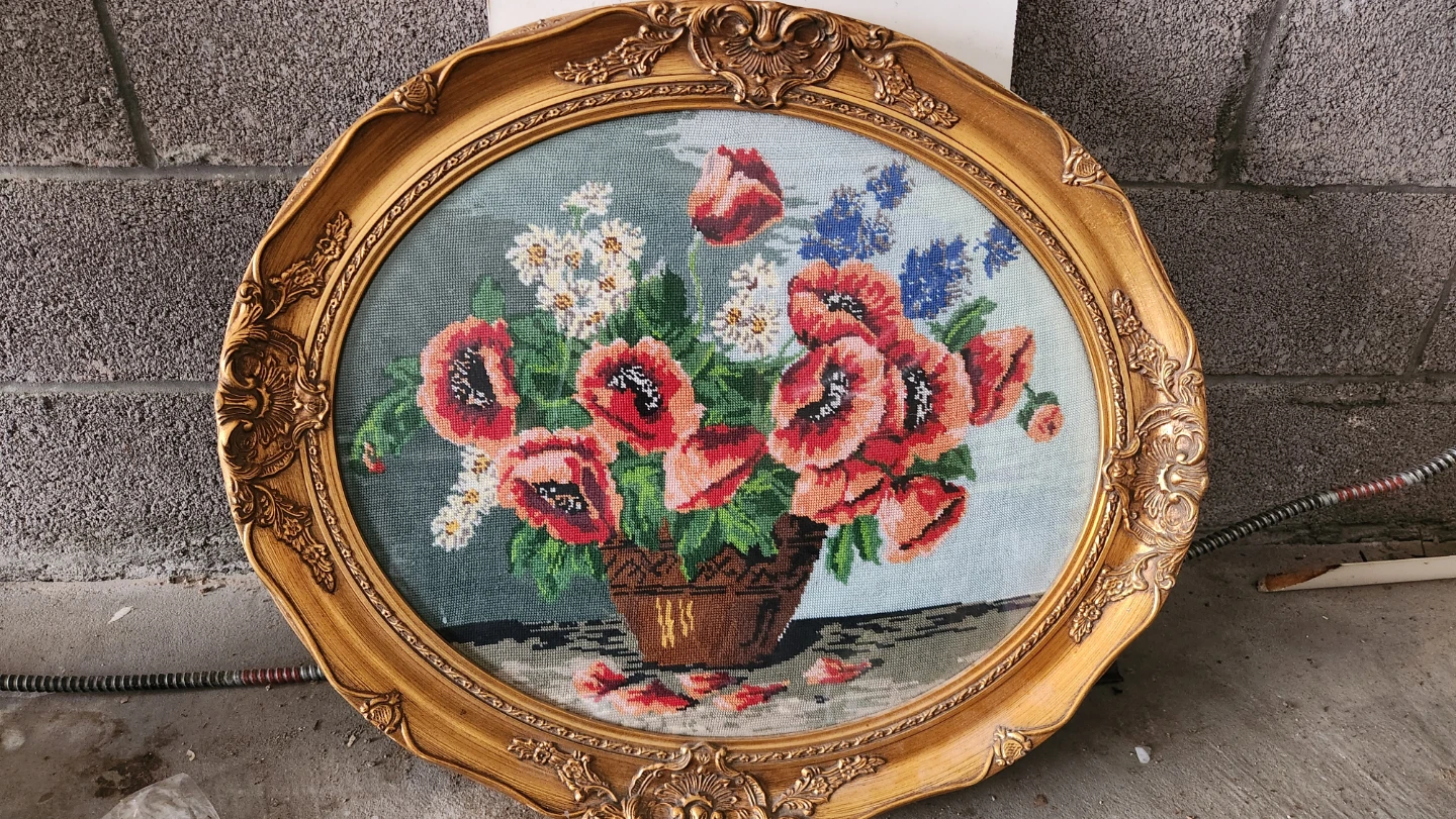 Vintage Oval Floral Needlepoint Wall Art